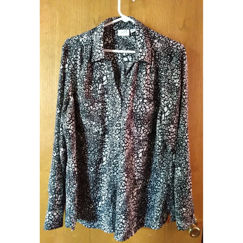 Jaclyn Smith Womens Top Blouse Office Button Down Animal Print SZ 2X Adj Sleeves